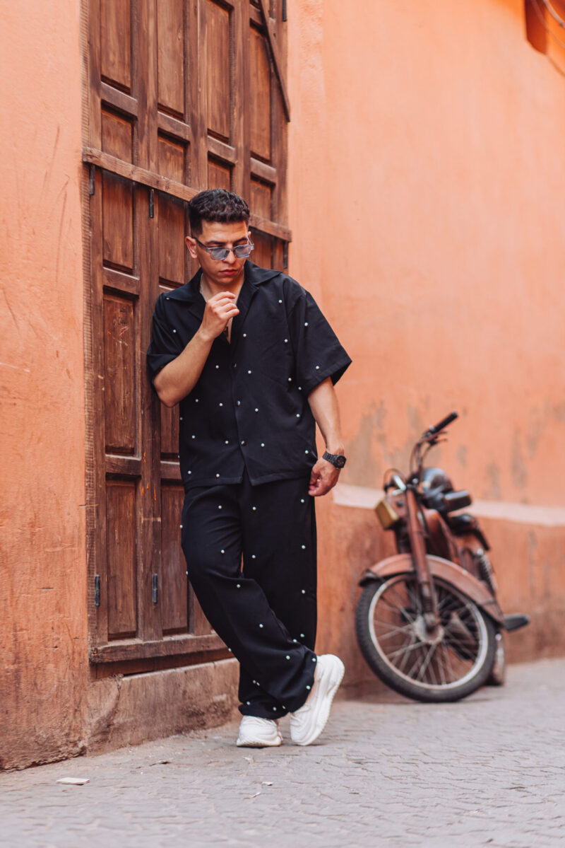 Elegant Oversized Black Set with Handmade Artisan Pearl Detailing