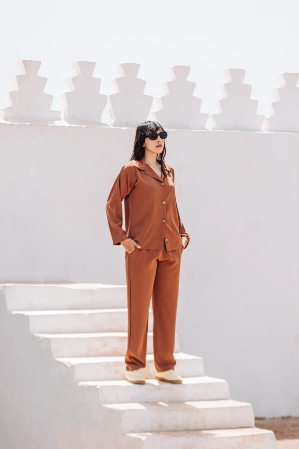 Tofee brown drop shoulder shirt & elastic waist pant