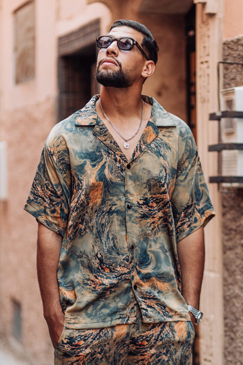 Oversized Satin Set – Green & Orange Print | Shirt & Straight Pants - Image 2