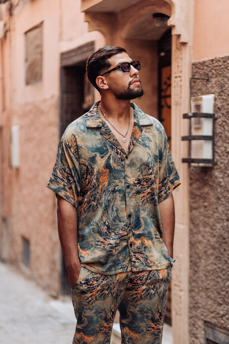 Oversized Satin Set – Green & Orange Print | Shirt & Straight Pants - Image 6