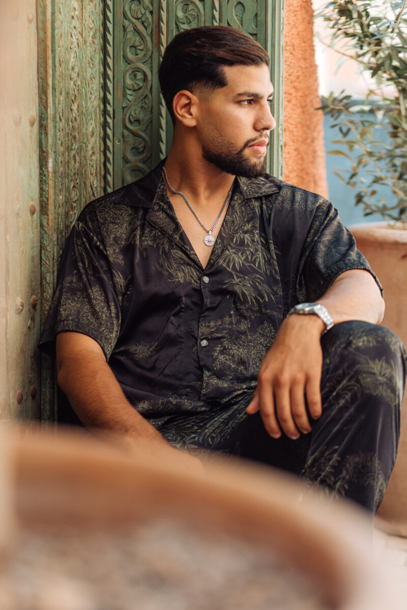 Oversized Black Satin Set – Green Palm Print | Relaxed Shirt & waisted Pants - Image 4