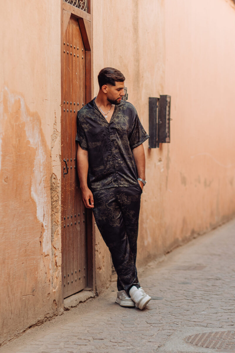 Oversized Black Satin Set – Green Palm Print | Relaxed Shirt & waisted Pants