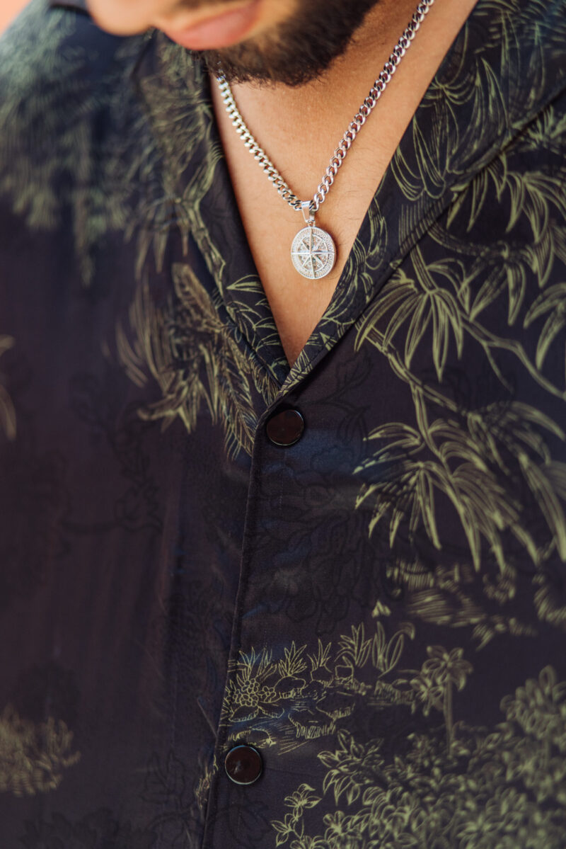 Oversized Black Satin Set – Green Palm Print | Relaxed Shirt & waisted Pants - Image 2